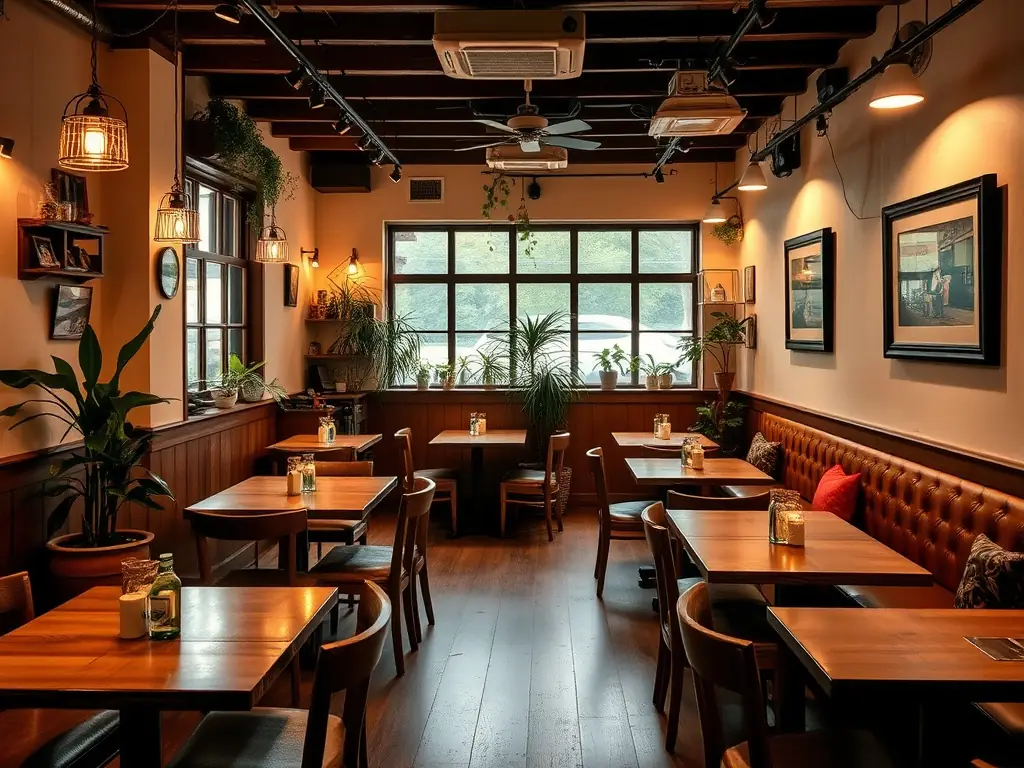 A stylish restaurant interior with cozy seating, ambient lighting, and modern decor, representing Xanadu's restaurant design and build service.