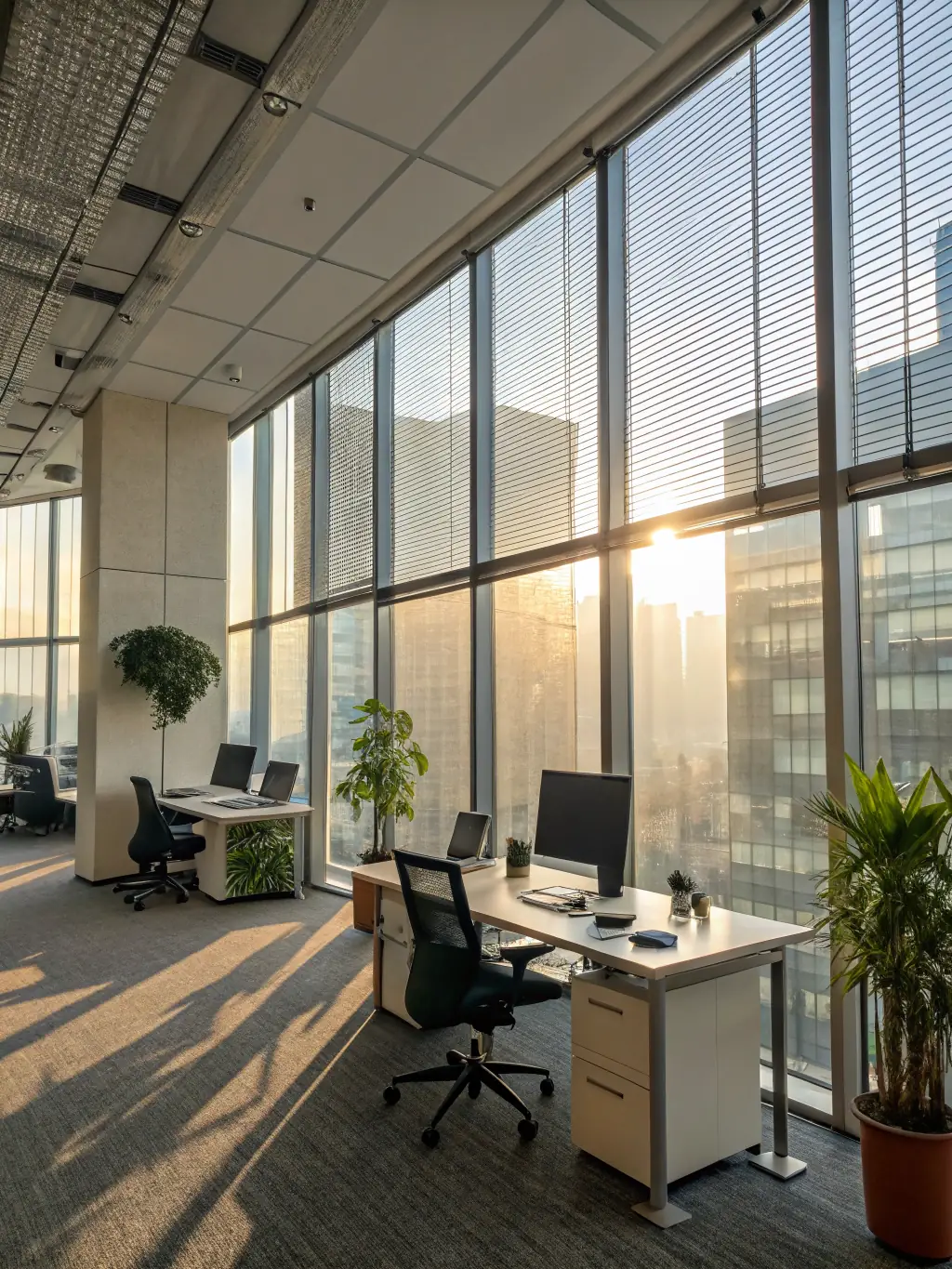 A modern office interior with open-plan layout, collaborative workspaces, and ergonomic furniture, showcasing Xanadu's expertise in office space design.