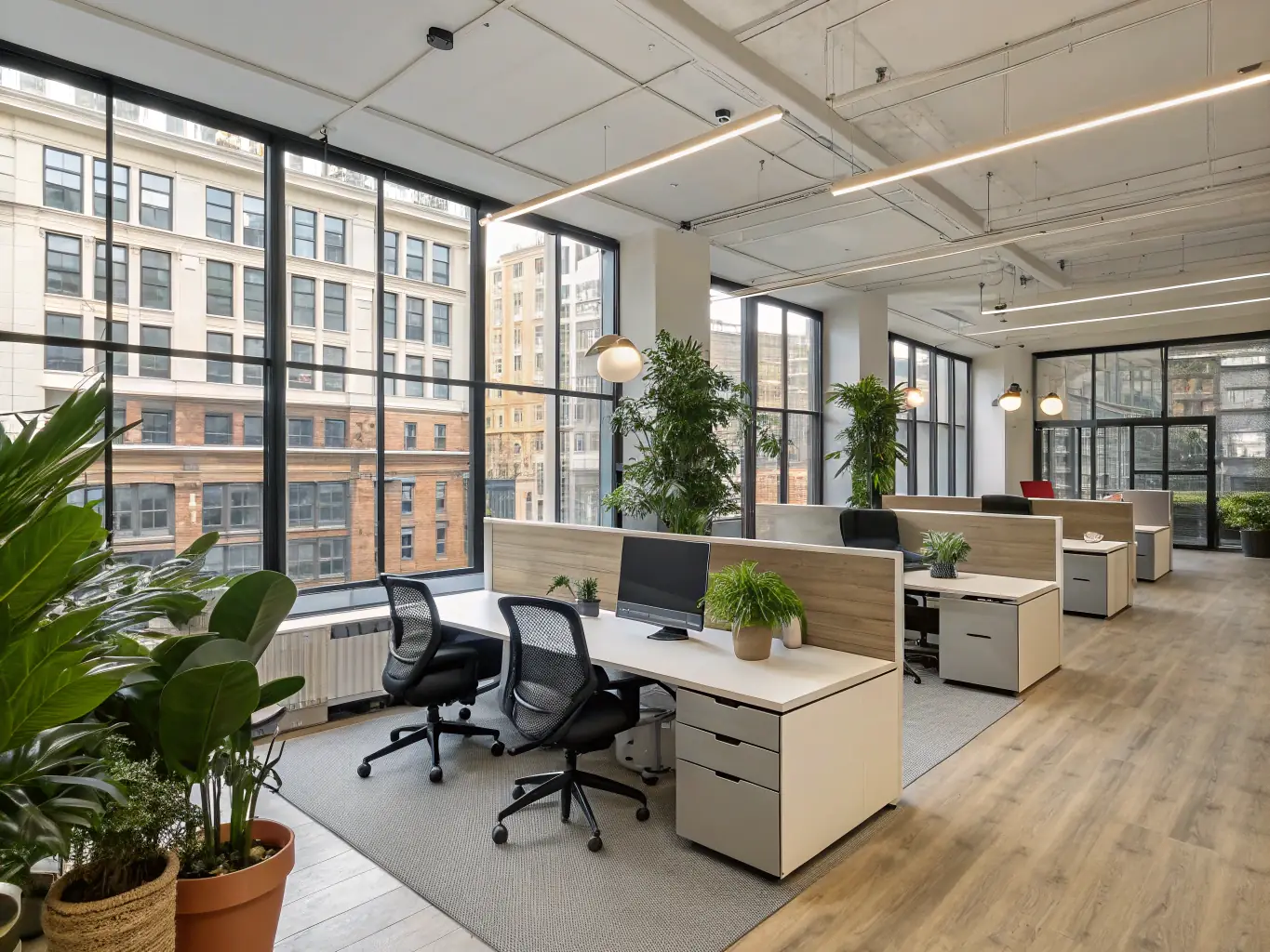 A modern office interior with open workspaces, collaborative areas, and sleek design elements, showcasing Xanadu's office space design and build service.